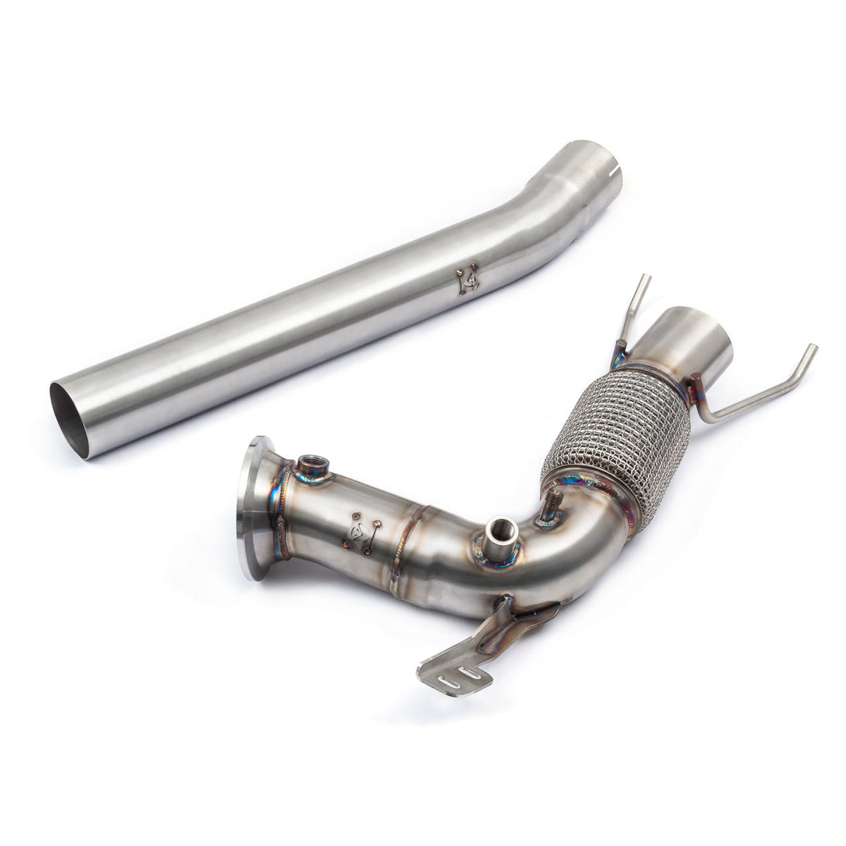 Cobra Sport BMW M135i F40 front downpipe with sports cat, part of the performance exhaust package, showcasing the de-cat design.