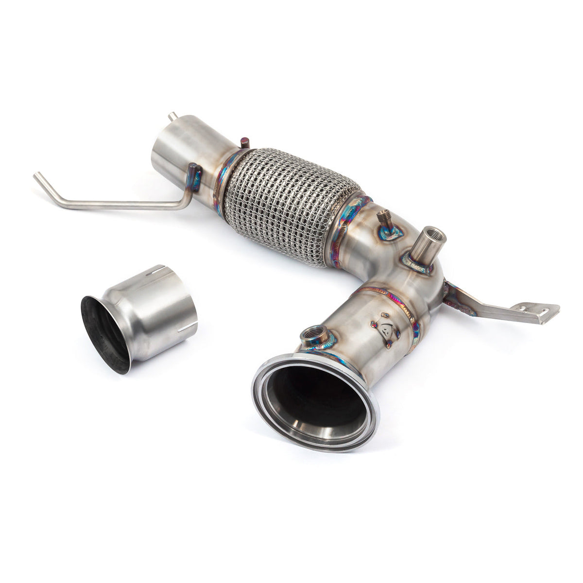 Cobra Sport BMW M235i Gran Coupe front downpipe with sports cat and de-cat, designed for performance exhaust upgrade.