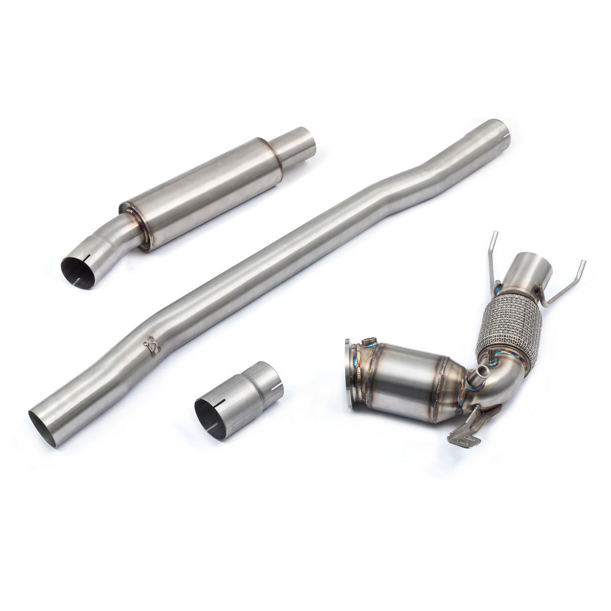 Cobra Sport BMW M135i F40 front downpipe sports cat exhaust component, showcasing the high-performance car part.