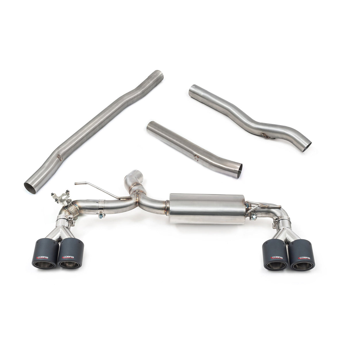 Cobra Sport BMW M135i F40 quad exit non-resonated cat back performance exhaust showing dual exhaust tips and sleek metal finish