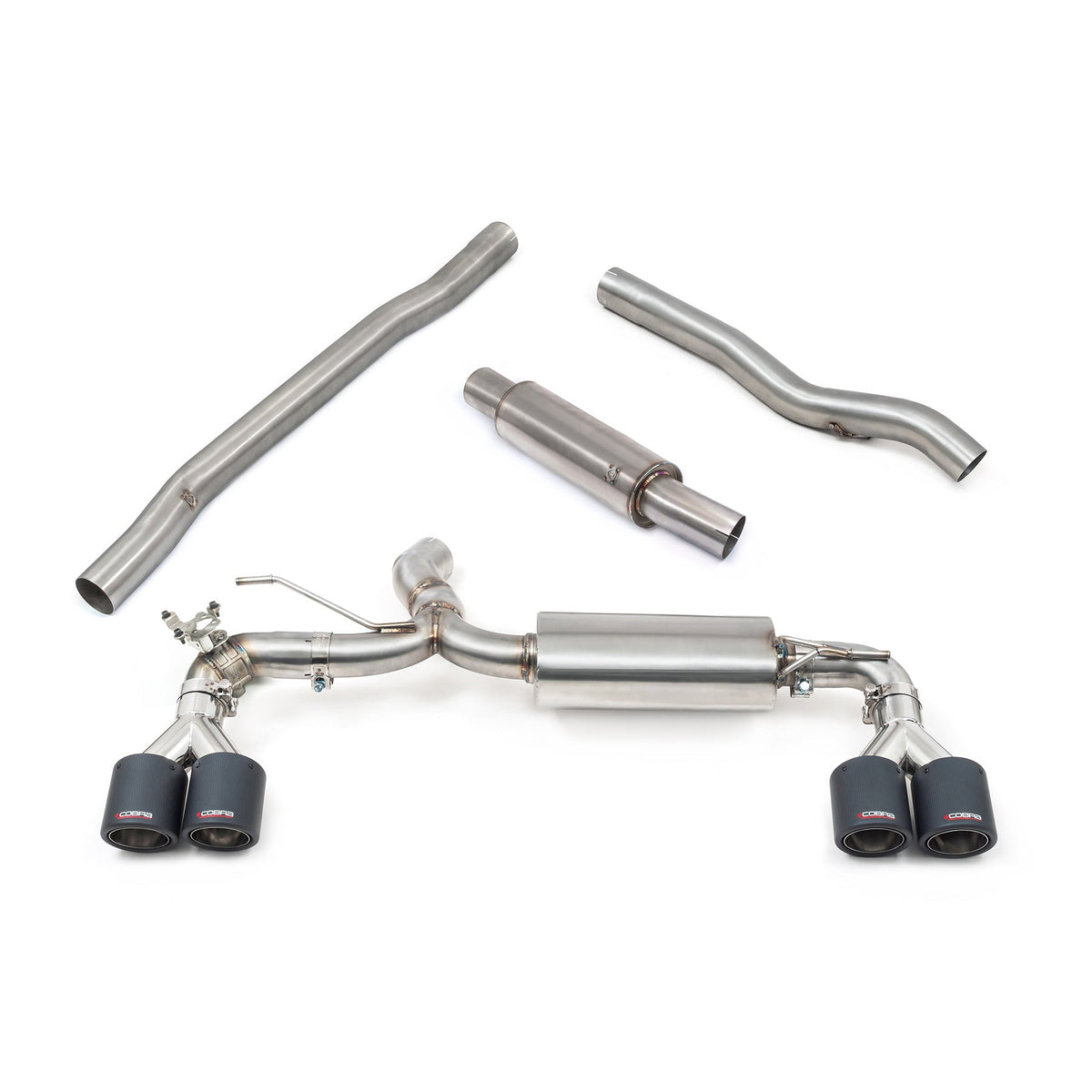 Cobra Sport BMW M135i F40 quad exit M3 style cat back performance exhaust system with polished tips.