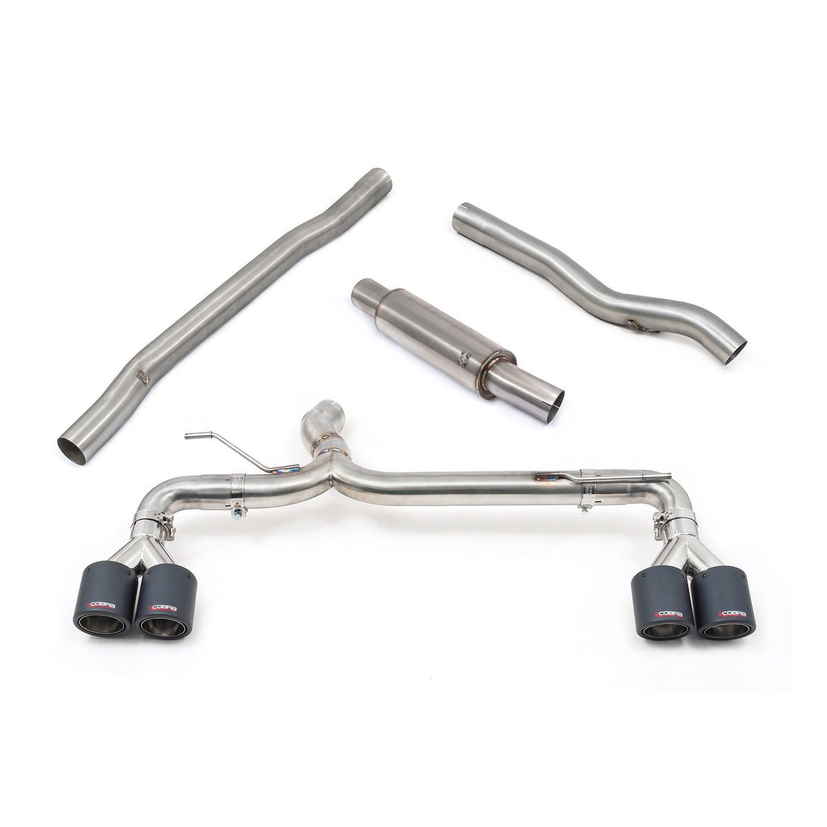 Cobra Sport BMW M135i F40 Venom quad exit race box delete cat back exhaust system showcasing polished tips and performance design.