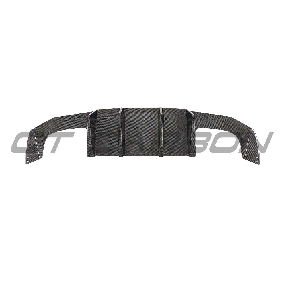 BMW M2 F87 carbon fiber diffuser by CT Carbon, V3 style, showcasing sleek black carbon fiber with aerodynamic design details.