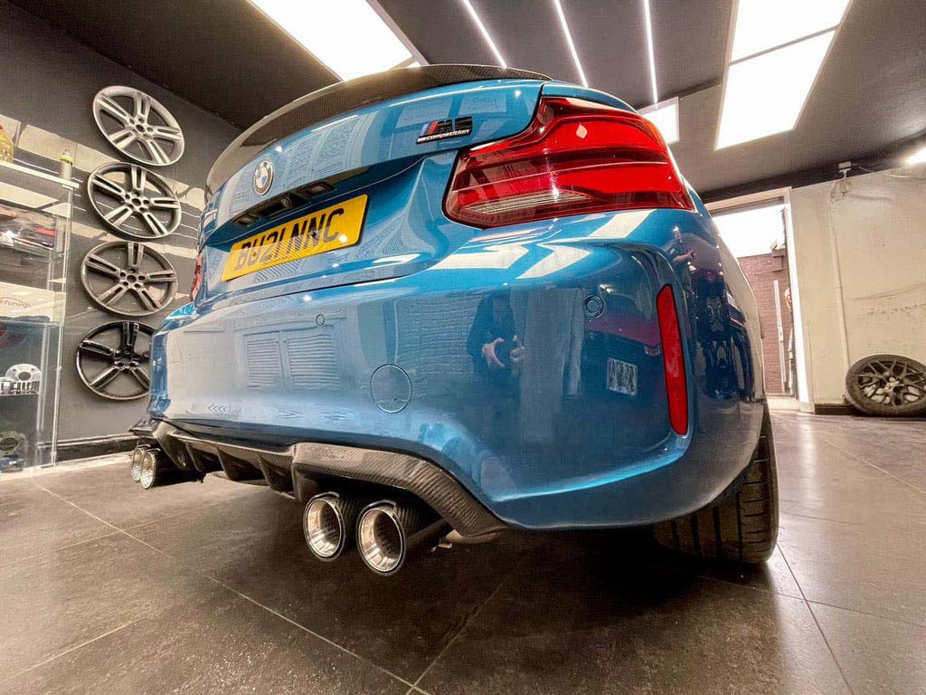 BMW M2 F87 CT Carbon full carbon fibre kit, MP style, includes hood, roof, and trunk components, showcasing lightweight carbon fibre.