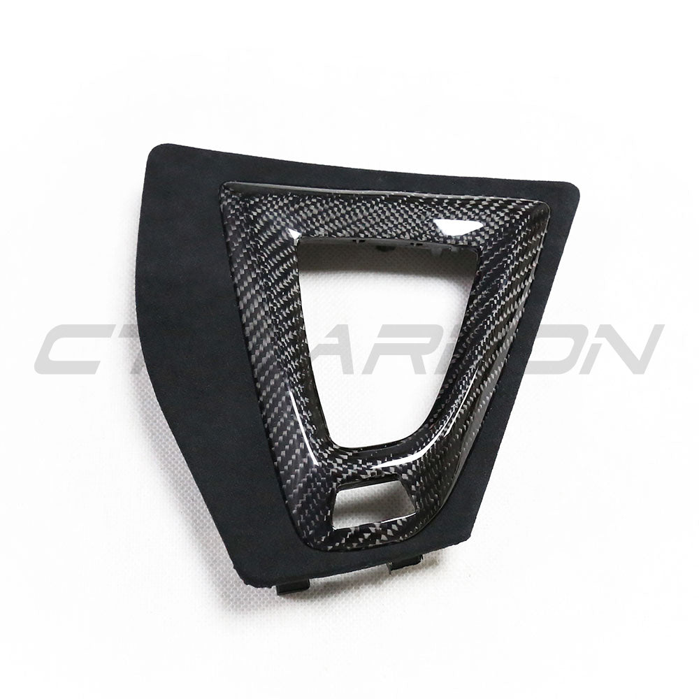 BMW M2C F87 ALCANTARA and carbon shifter surround accessory by CT Carbon, designed for right-hand drive models.
