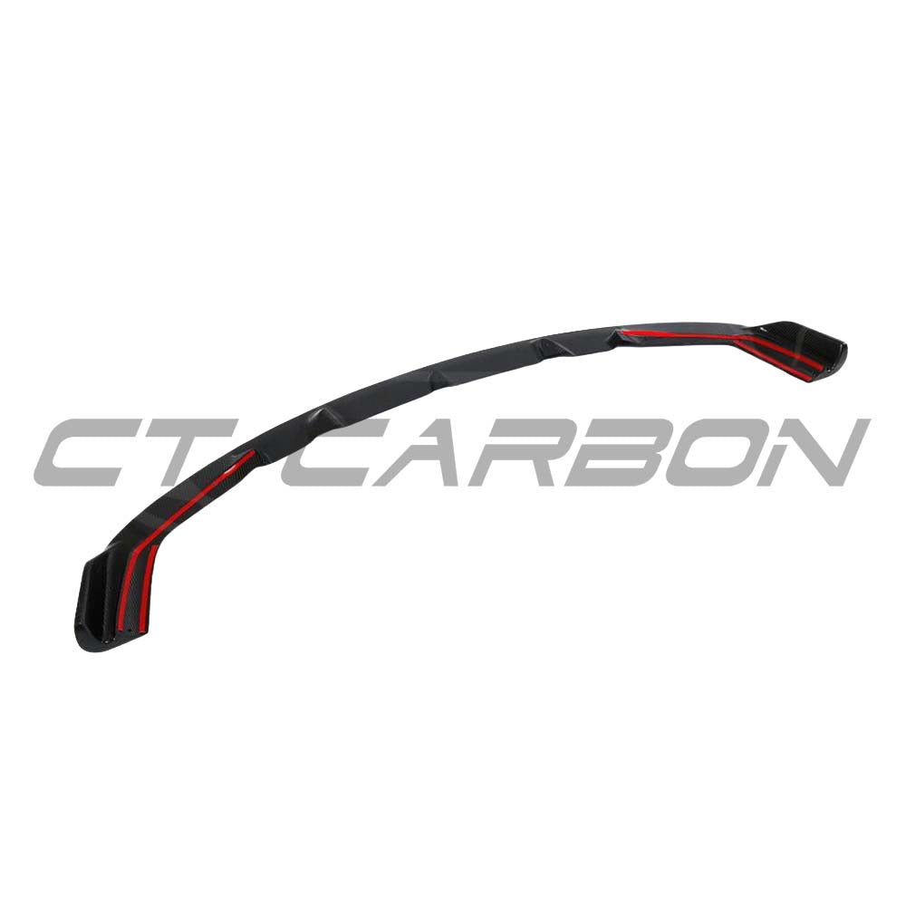 BMW M2C F87 carbon fiber splitter V2 by CT Carbon, shown in 3D style with detailed carbon fiber finish on the vehicle's front.