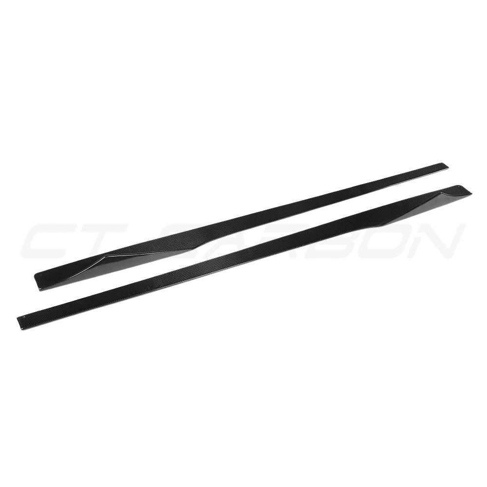 BMW M2 M2C F87 carbon fiber side skirts by CT Carbon, featuring sleek, lightweight V2 style for enhanced aerodynamics and sporty look.