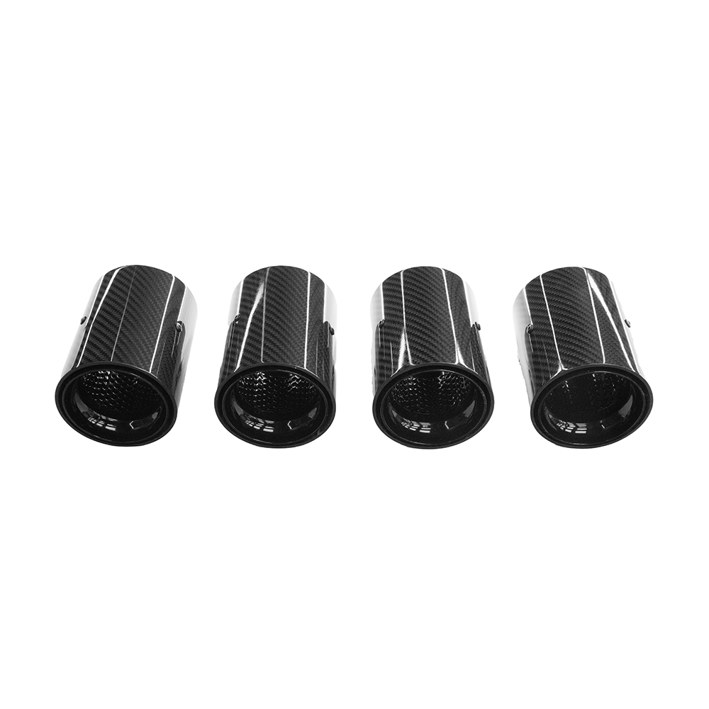 Set of four black carbon fiber exhaust tips for BMW M2, M3, M4, M5, F10, F80, F82, F83, F87 models by CT Carbon