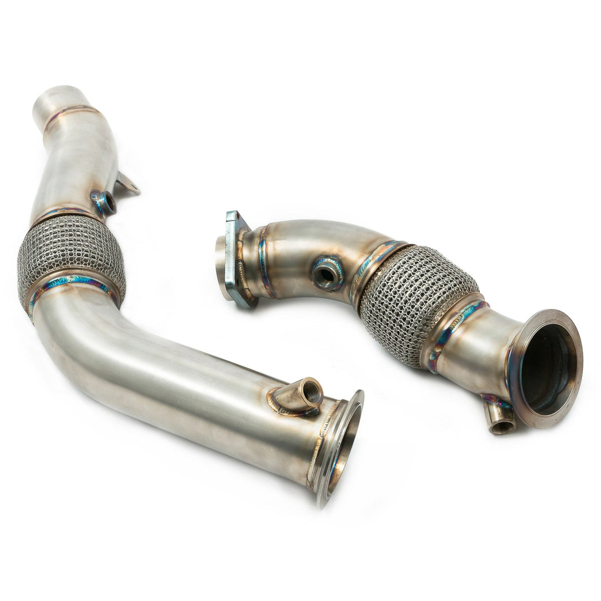 Cobra Sport BMW M3 F80 3-inch primary de-cat downpipe for performance exhaust system, shown in this close-up image.