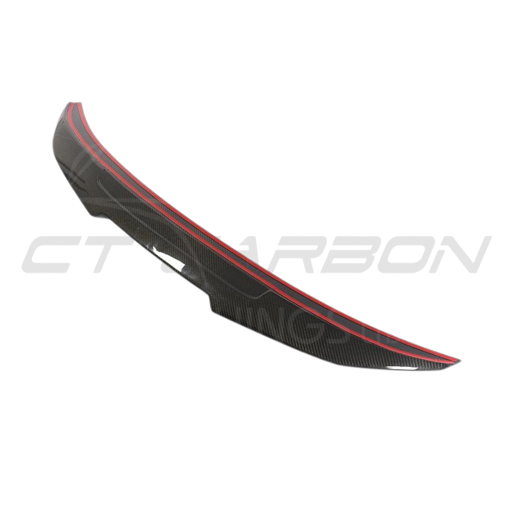 BMW F30 3 Series 2011-2019 carbon fiber kit by CT Carbon, including M3 F80-style carbon fiber spoiler and ducktail rear wing.