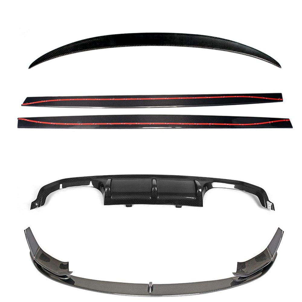 BMW M3 F80 full carbon fiber kit by CT Carbon, including front splitter, side skirts, and rear diffuser, showcasing sleek carbon fiber details.