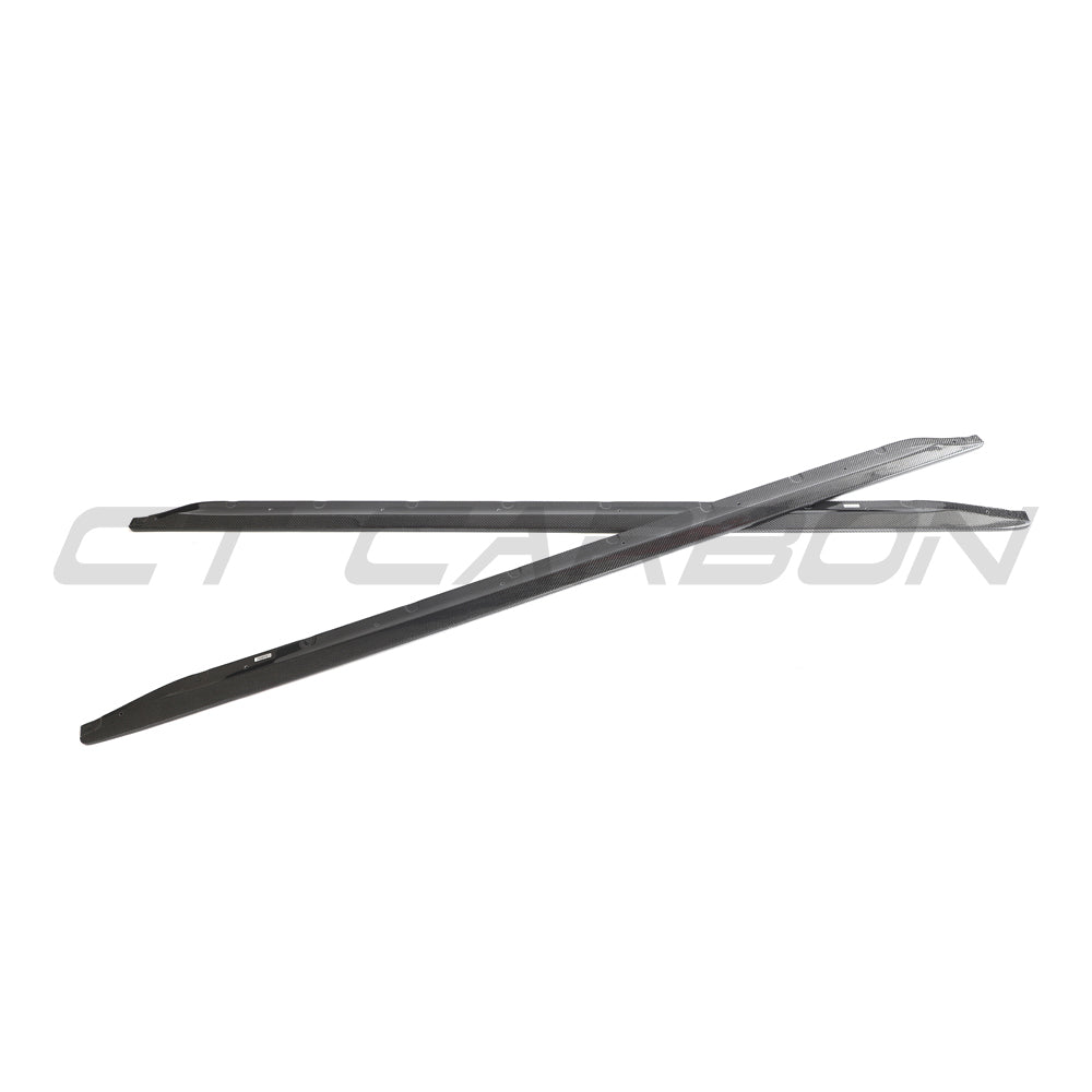 BMW M3 G80 G81 carbon fibre side skirt extensions by CT Carbon, showcasing sleek, lightweight aerodynamic car accessories.