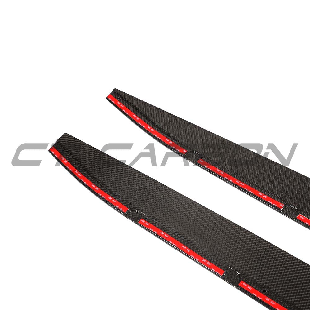 BMW M3 G80 G81 carbon fibre side skirt extensions by CT Carbon, showing sleek, lightweight side skirt replacement and extension details.