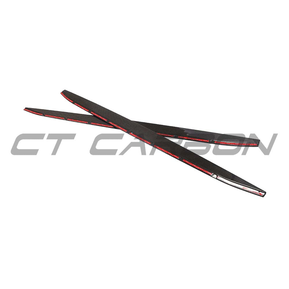 BMW M3 G80 G81 carbon fibre side skirt replacements and extensions by CT Carbon, showcasing sleek, lightweight car body enhancements.