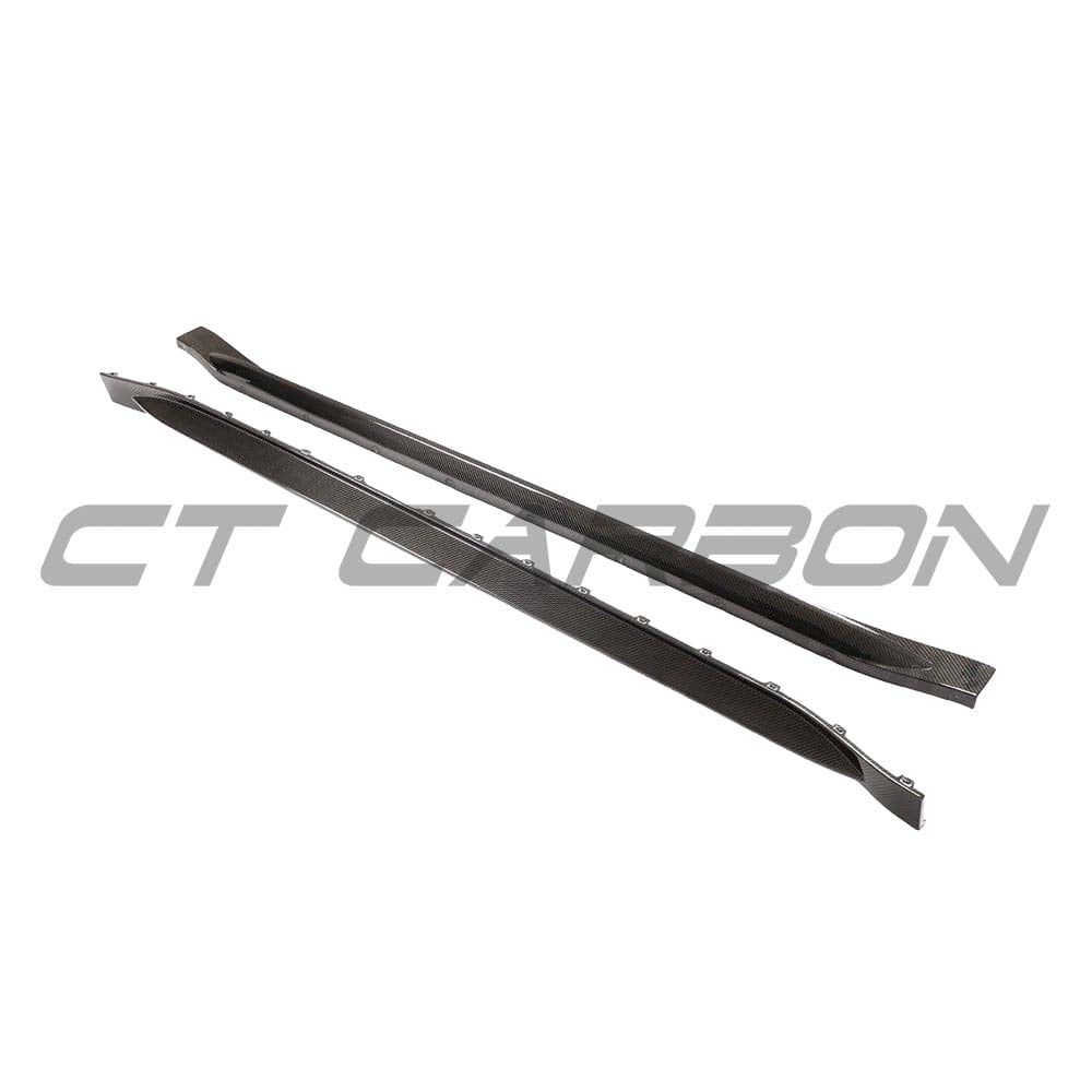 BMW M3 G80 G81 carbon fibre side skirt replacement and extension by CT Design, showcasing sleek, lightweight automotive styling.