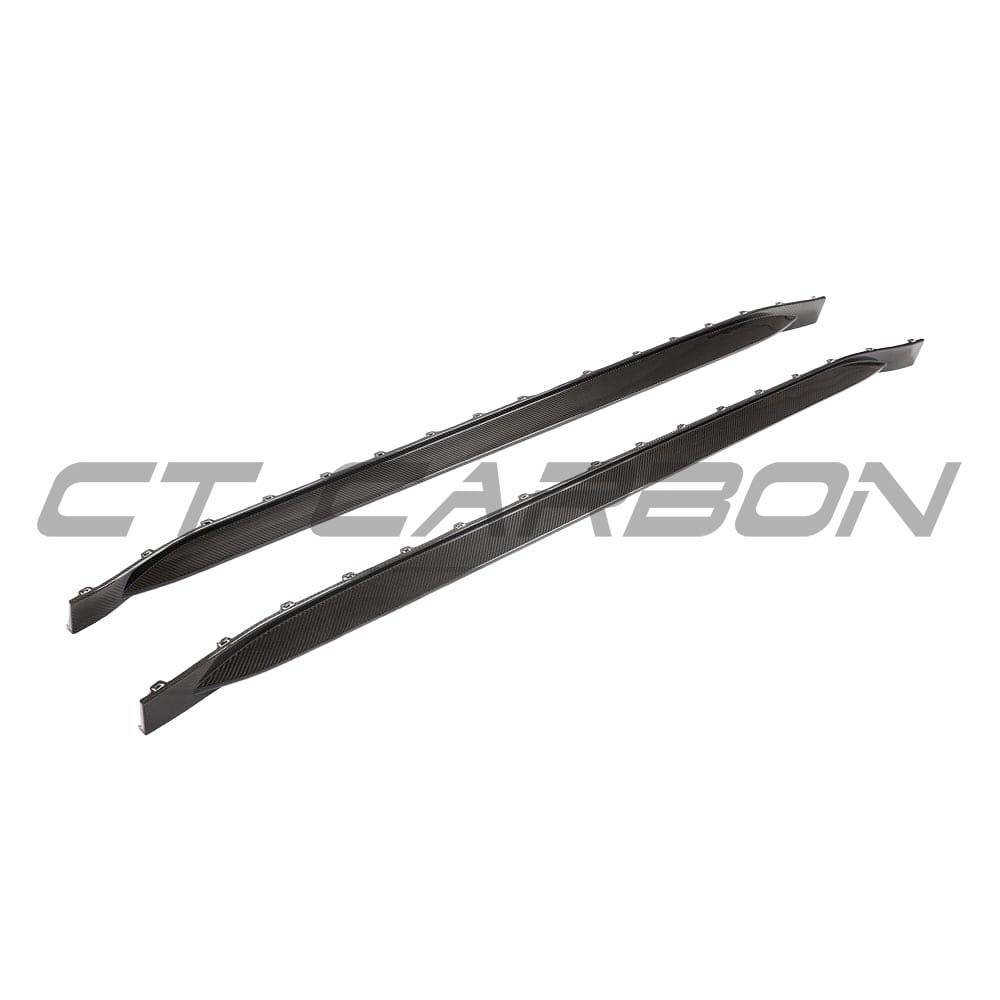 BMW G80 M3 full carbon fibre side skirt replacement kit by CT Design, showcasing sleek, lightweight carbon fibre panels on the car.