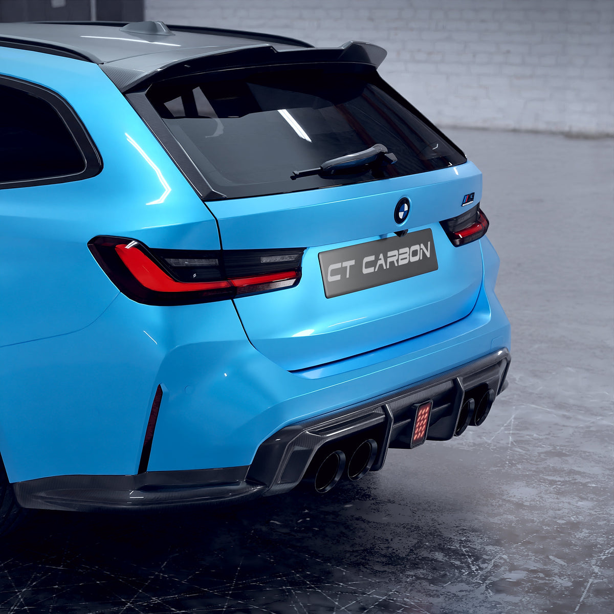 BMW M3 G81 G21 carbon fiber spoiler by CT Design, V2 model, showing sleek aerodynamic design on the car's rear.