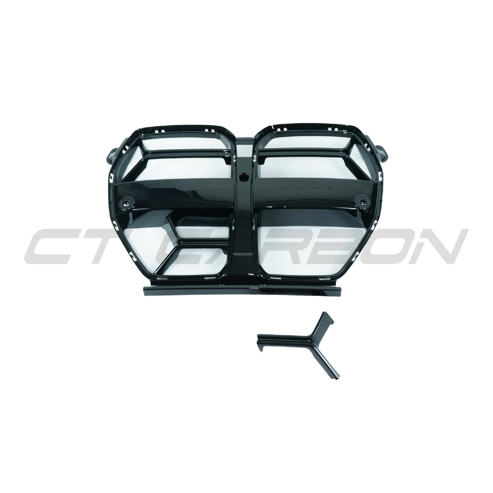BMW M3 and M4 G80 G82 G81 G83 gloss black grille by CT Carbon, in CSL style, showing close-up of sleek black grille design.