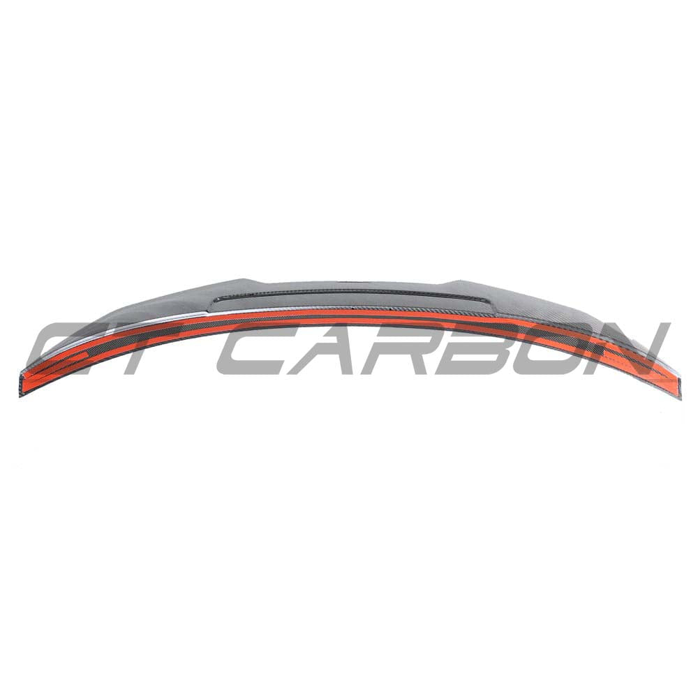 BMW M3 G80 G20 carbon fibre spoiler by CT Carbon, V2 style, showing the sleek, aerodynamic design on the car's rear.