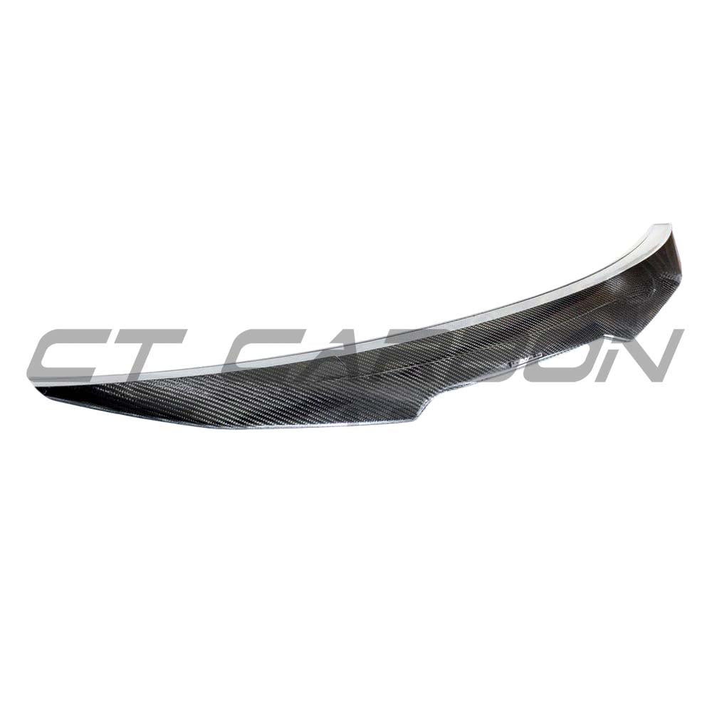 BMW M3 G80 G20 carbon fibre spoiler by CT Carbon, showing the sleek V2 design on the sporty car's rear spoiler.