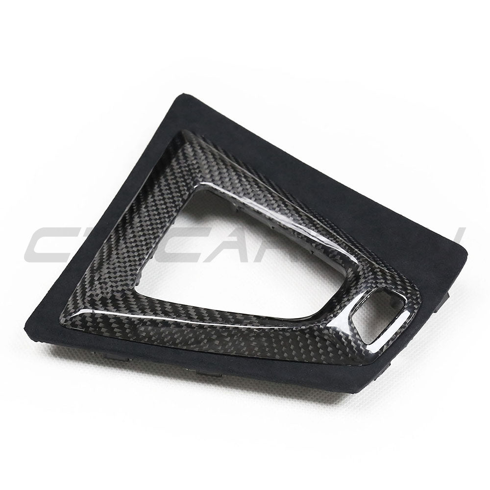 BMW M3 M4 F80 F82 F83 F87 ALCANTARA and carbon shifter surround, LHD, aftermarket accessories by CT Carbon.