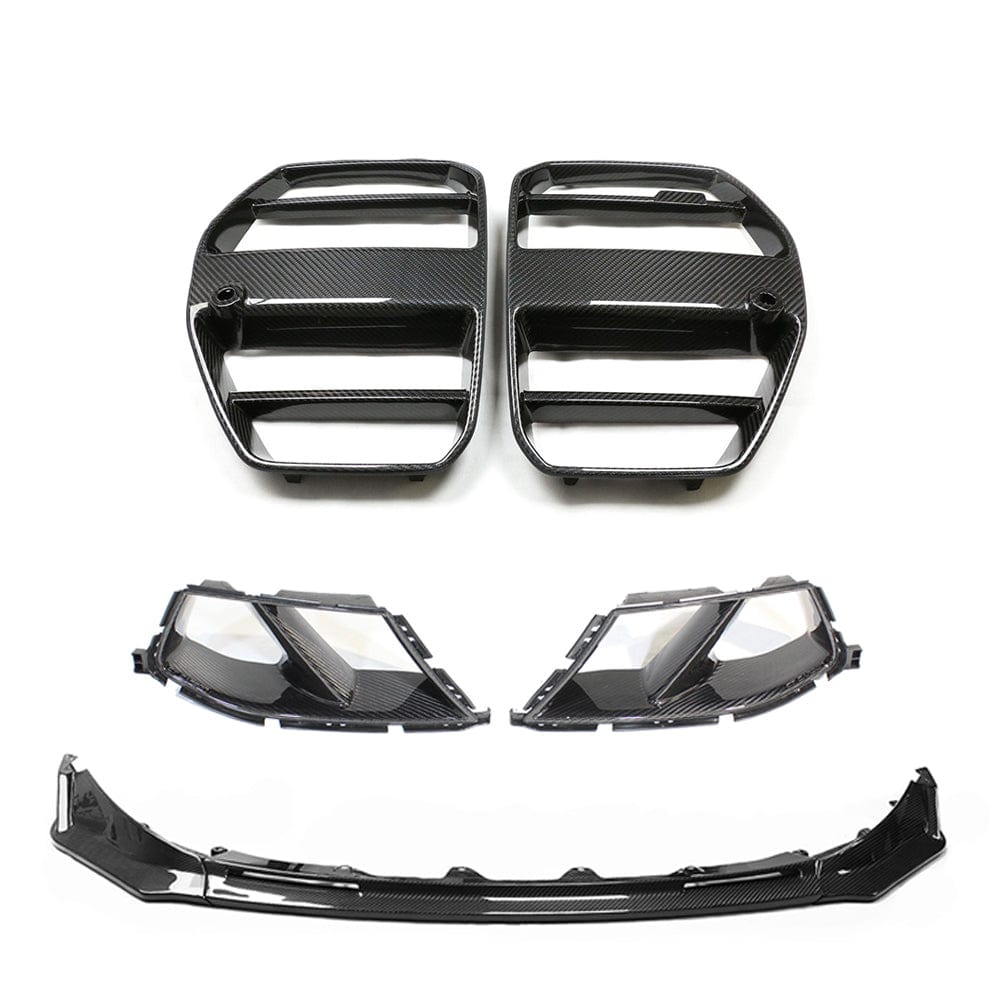 BMW M3 M4 G80 G82 G83 carbon fiber front end kit by CT Carbon, showing the lightweight, aerodynamic front bumper and hood components.