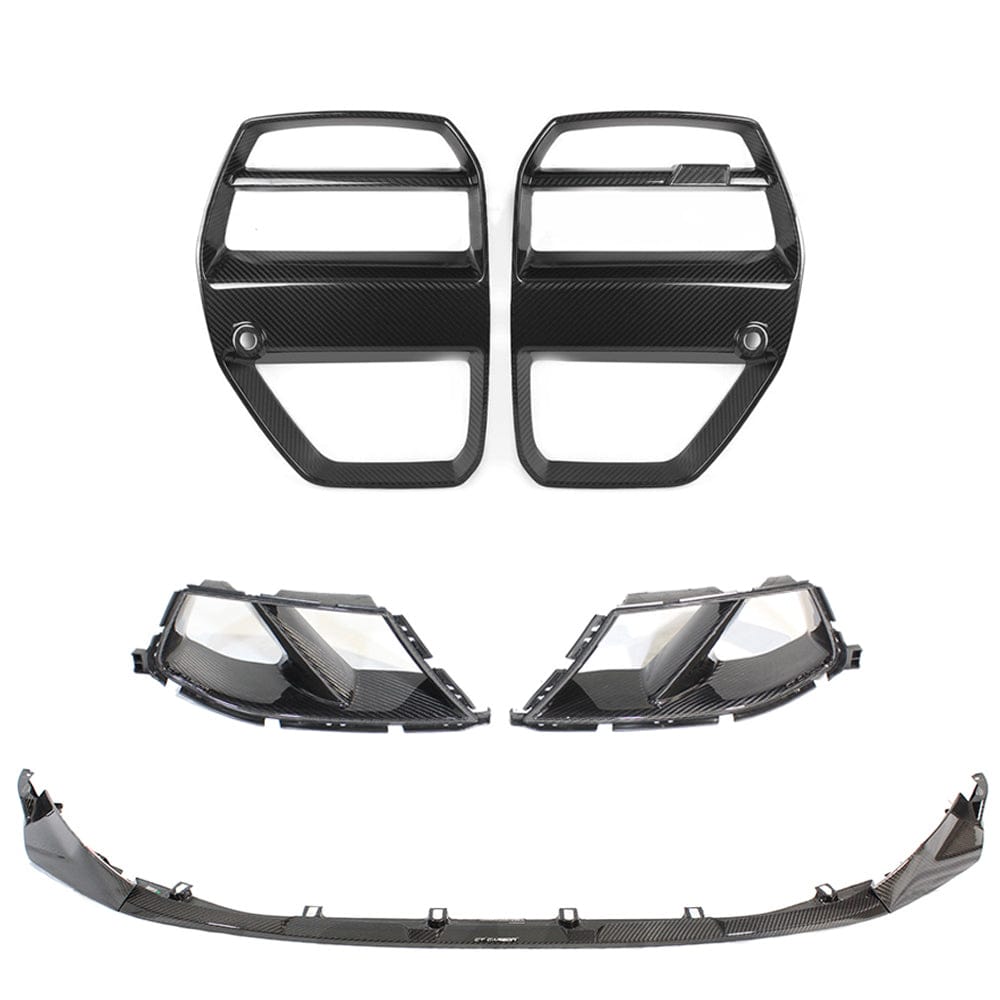 BMW M3 M4 G80 G81 G82 G83 CT Carbon front end pack featuring carbon fiber details on the vehicle's front end.