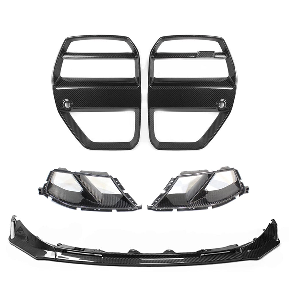 BMW M3 M4 G80 G81 G82 G83 carbon fiber front end pack by CT Carbon, featuring a sleek carbon fiber design and aerodynamic details.