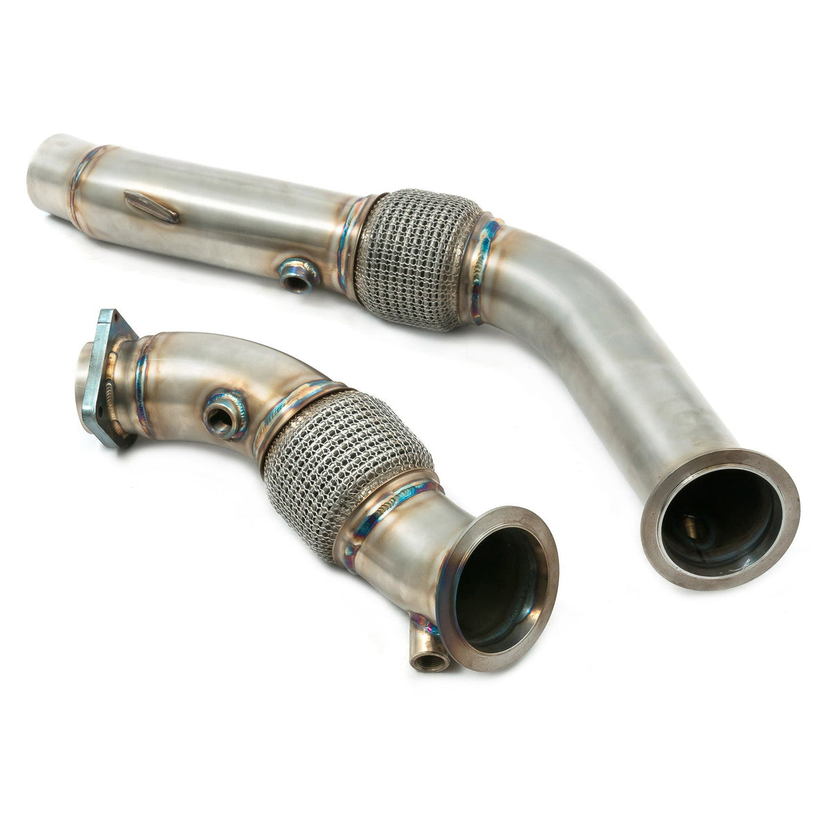 Cobra Sport BMW M4 F82 coupe 3-inch primary de-cat downpipe performance exhaust showing the metallic downpipe and connection points.