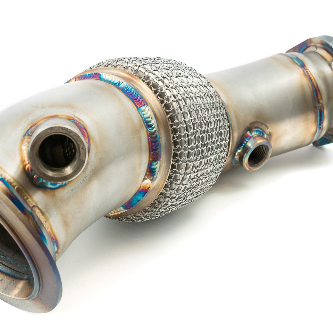 Cobra Sport BMW M2 Competition 3-inch primary de-cat downpipe performance exhaust, showing polished metal construction and inlet pipes.
