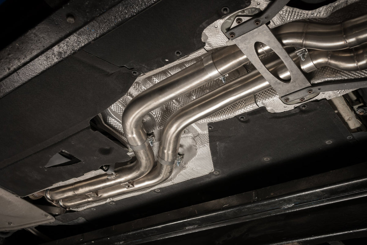 Cobra Sport BMW M3 F80 3-inch valved primary cat back performance exhaust system with polished stainless steel tips.