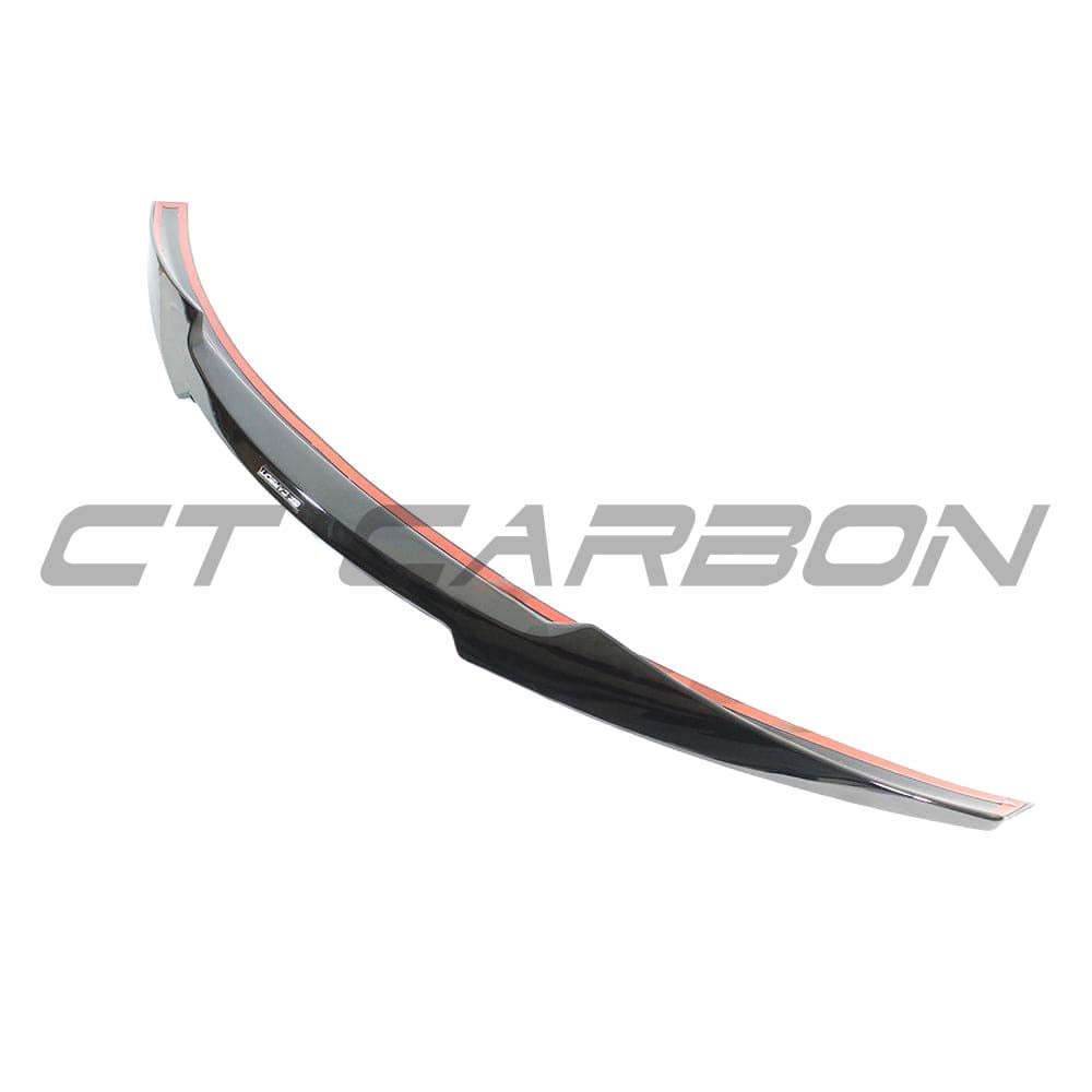 BMW M4 F82 V Style gloss black carbon spoiler, aerodynamic rear car accessory, by CT Carbon.