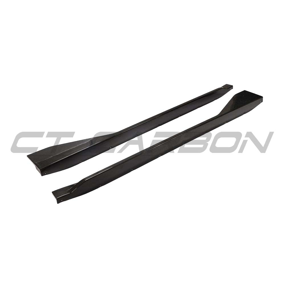 BMW M4 G82 G83 carbon fibre side skirts in MP style by CT Carbon, showing sleek, lightweight side skirt design with textured carbon fiber finish.