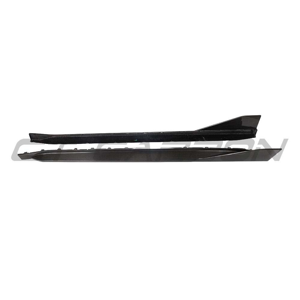 BMW M4 G82 G83 carbon fibre side skirts with MP style from CT Carbon, showing sleek, aerodynamic design on the car.