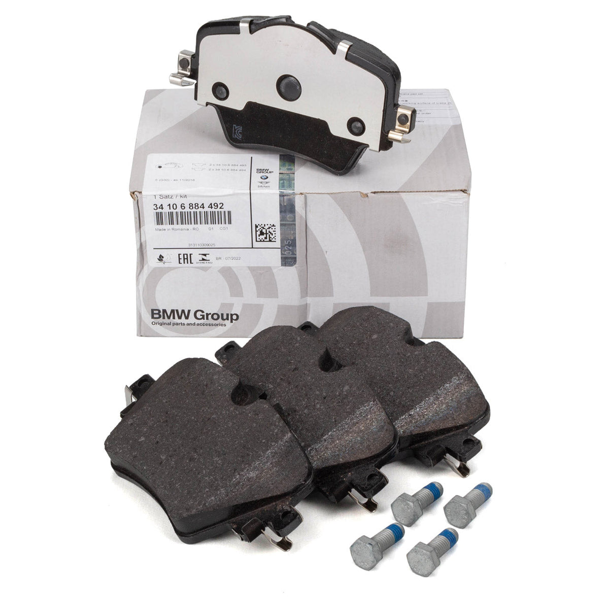 Genuine BMW front brake pads for 5 Series G30, G31, X3 G01, shown in the image with brake pad components.