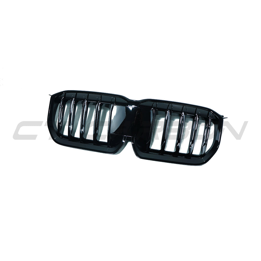 BMW U11 X1 2023 CT Carbon gloss black single slat grille, close-up of the sleek automotive front grille design.