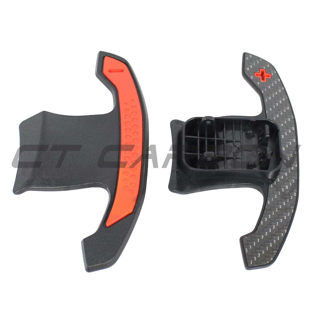 BMW and MINI Fxx Gxx carbon fiber shifter paddles by CT Carbon, close-up of sleek black lightweight racing-style accessories.