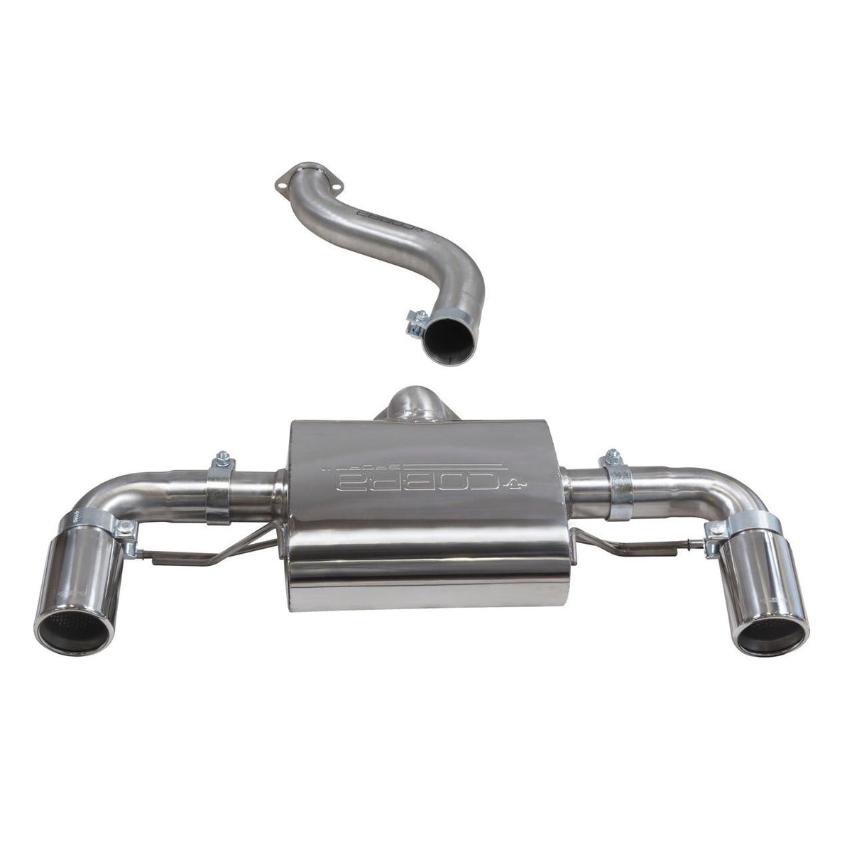 Cobra Sport BMW M140i rear box exhaust for F20/F21 LCI, showing polished stainless steel twin exhaust tips and fitment details.