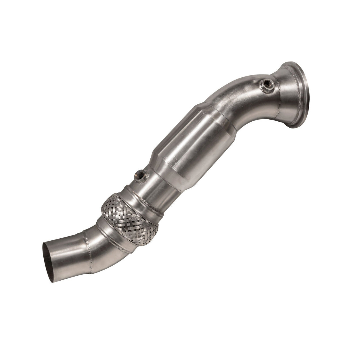 Cobra Sport BMW M140i sports cat downpipe exhaust component in black with metal piping and branding, mounted on vehicle underside.