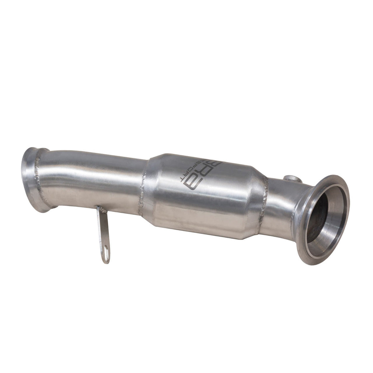 Cobra Sport BMW M235i F22 front downpipe with sports cat, part of performance exhaust system, shown in metallic finish.