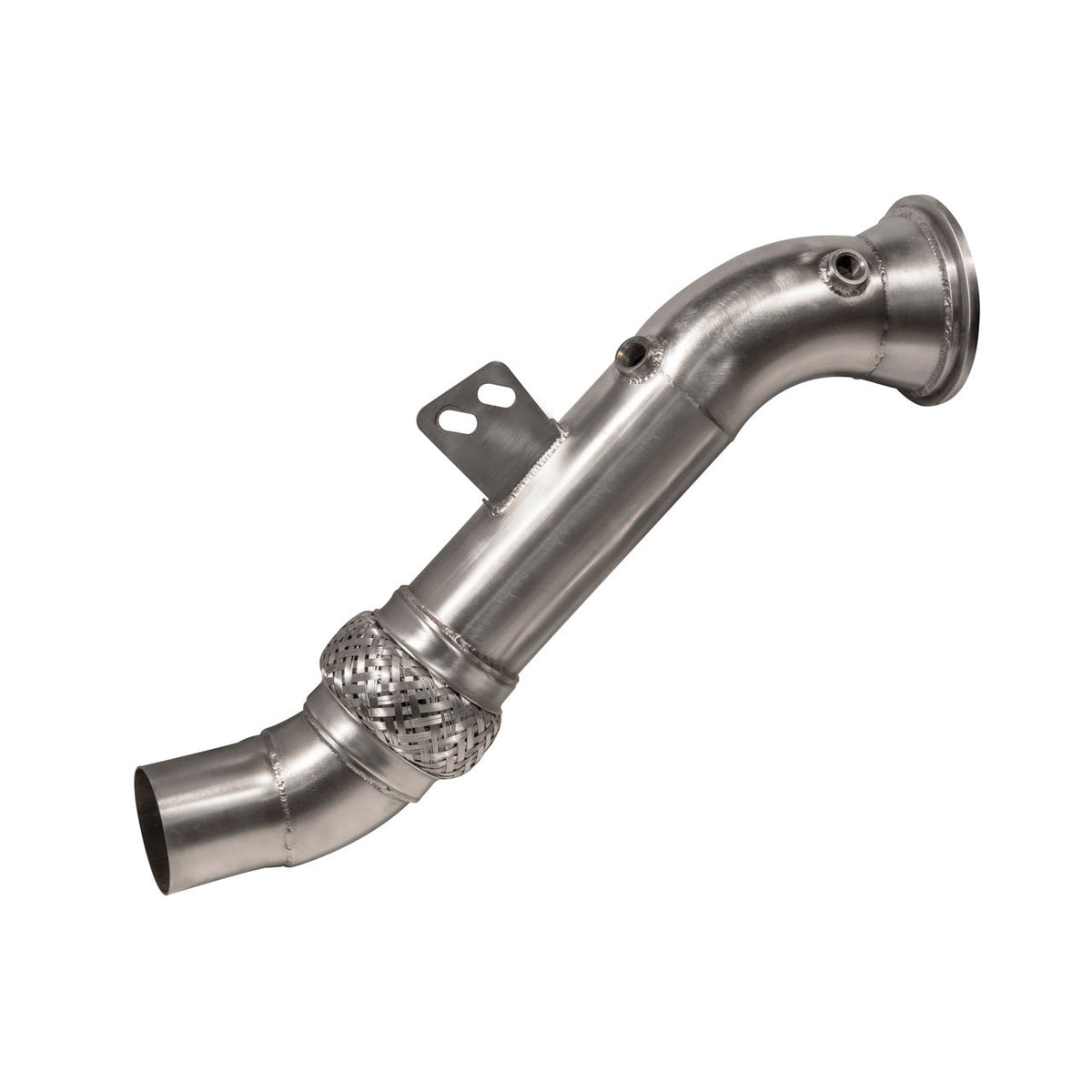 Cobra Sport BMW M240i front downpipe sports cat with de-cat performance exhaust, showing the metallic downpipe with branding and engine connection.