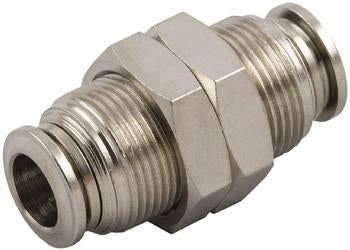 Nineteen72 Performance bulkhead union connector for air ride fittings, showing a sturdy metal bulkhead connector for automotive use.