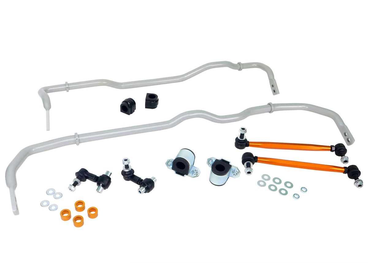 Whiteline front and rear anti-roll bar kit for Audi RS3 and VW Golf Mk7 R, featuring durable steel construction and black finish.