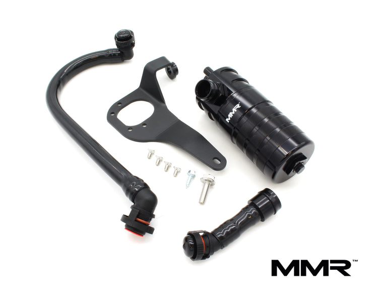 BMW F2x and F3x N55 engine oil catch can kit from MMX Performance, with lowering springs installed on the vehicle.