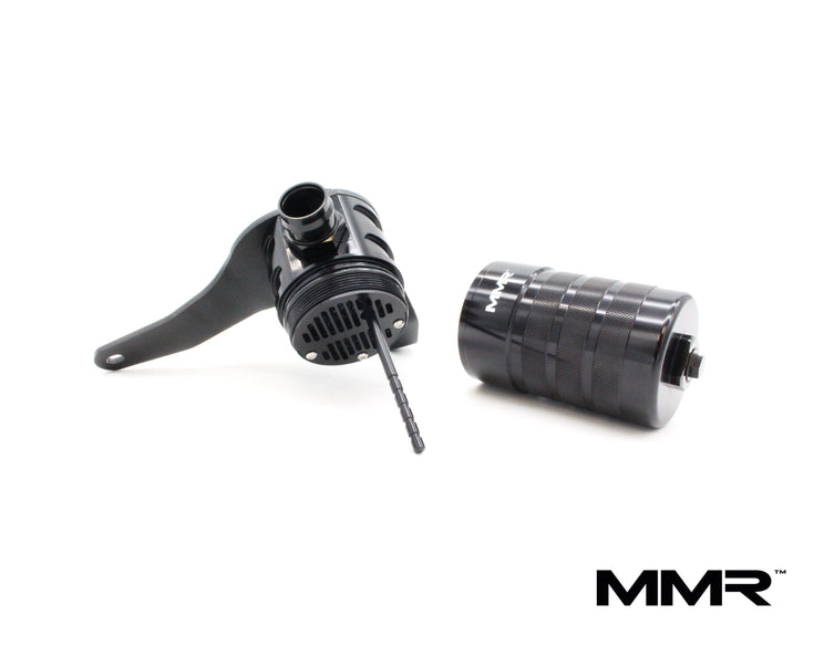 BMW F2x F3x N55 engine oil catch can kit by MMX Performance, shown with black and silver components installed.