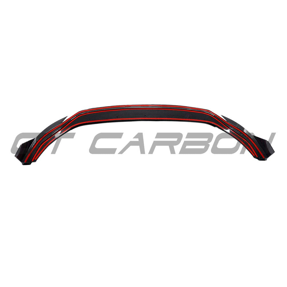 Carbon fiber splitter for VW Golf MK8.5 R 2024+ by CT Carbon, shown attached to the front bumper of the sporty hatchback.