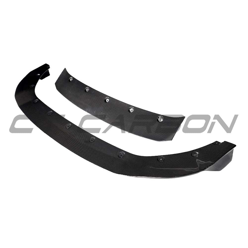 CT Carbon VW Golf MK8.5 R 2024+ carbon fibre splitter, close-up view showing sleek aerodynamic design and textured carbon finish.