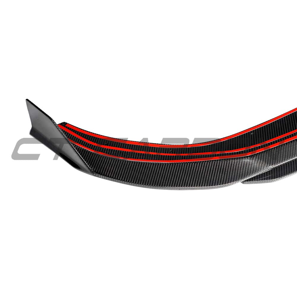 Carbon fibre splitter for VW Golf MK8.5 R 2024+ by CT Carbon, showing sleek aerodynamic design and textured carbon fiber surface.