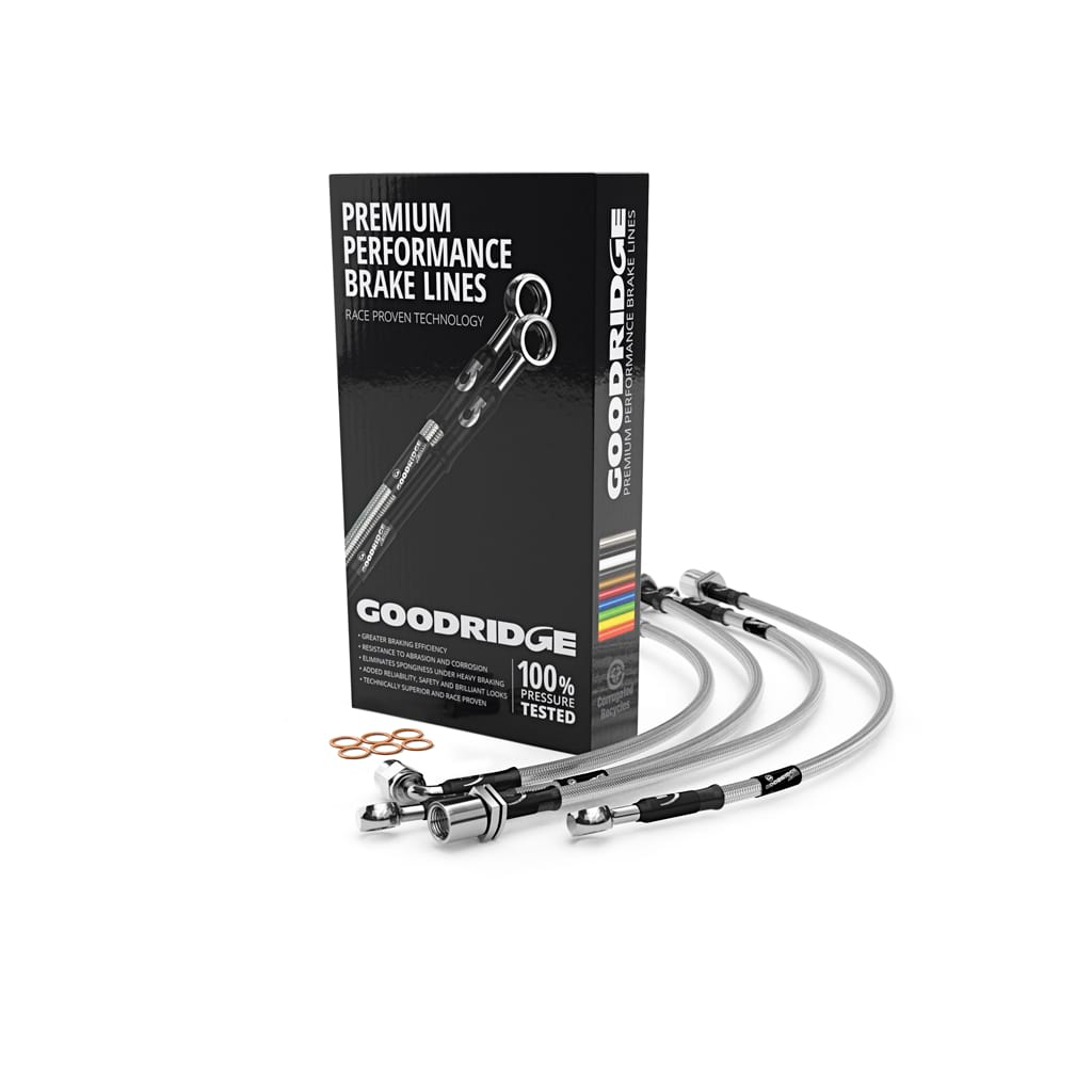 Goodridge brake hose kit for Volkswagen Golf MK7 2.0 GTI, showing high-quality braided brake hoses with fittings.