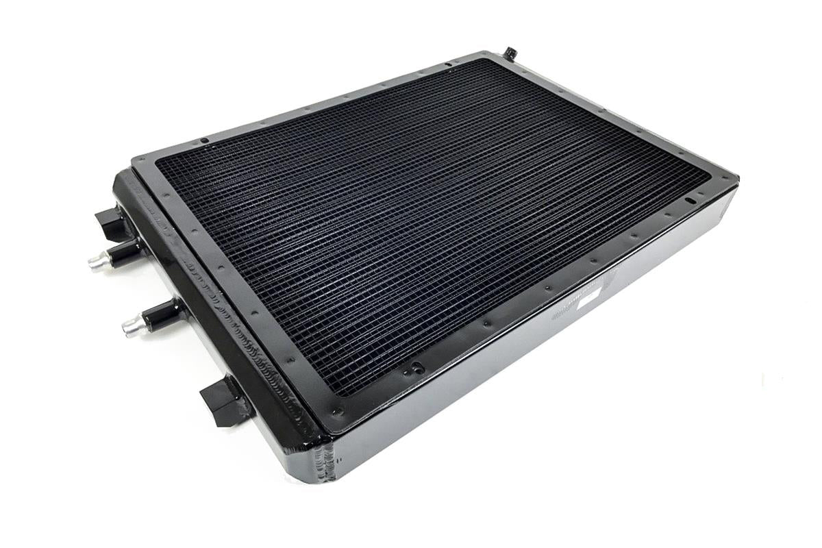 Black CSF Race BMW F8X M3 M4 front mount heat exchanger with rock guard, high-performance radiator for improved cooling.